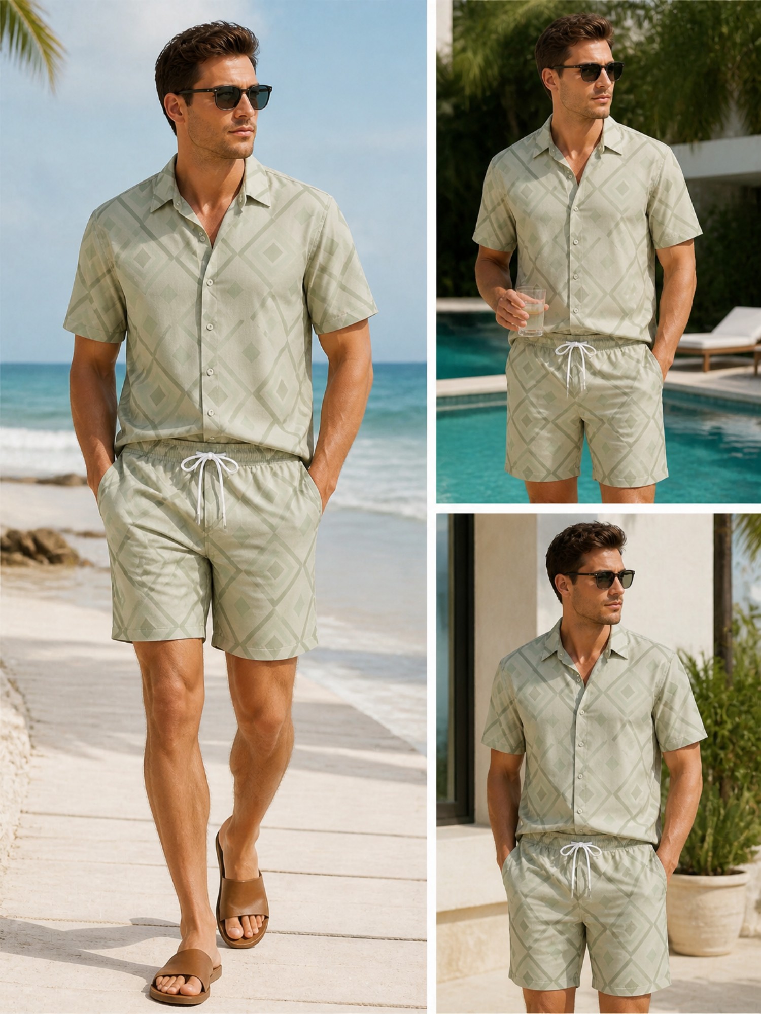 Resort Shirt Floral - ชุดเสื้อเชิ้ตแขนสั้นลายดอกไม้สำหรับผู้ชายและกางเกงขาสั้นแบบมีเชือกผูกเอว ชุดลำลองสำหรับวันหยุดพักผ่อนริมชายหาด ชุดสองชิ้นเข้าชุดกันสำหรับใส่ไปเที่ยวรีสอร์ท