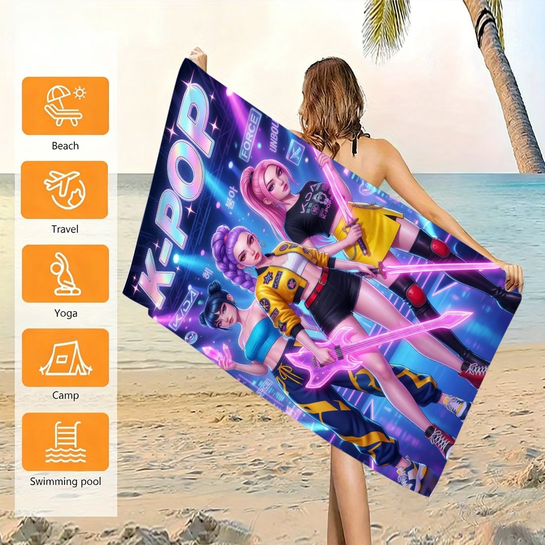 Beach Towel Large - ผ้าเช็ดตัวชายหาดพิมพ์ลายไอดอลเคป๊อป ขนาดใหญ่ แห้งเร็ว ป้องกันทราย นุ่มสบาย ไม่ระคายเคืองผิว
