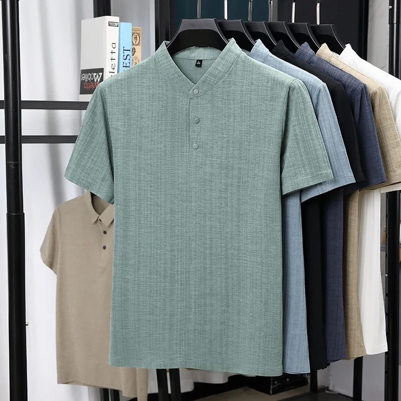 Linen Shirt Breathable - เสื้อเชิ้ตแขนสั้นคอจีนผ้าลินินเนื้อสัมผัสพิเศษสำหรับผู้ชาย สวมใส่สบาย ระบายอากาศได้ดี ไม่ยับง่าย เหมาะสำหรับฤดูร้อน
