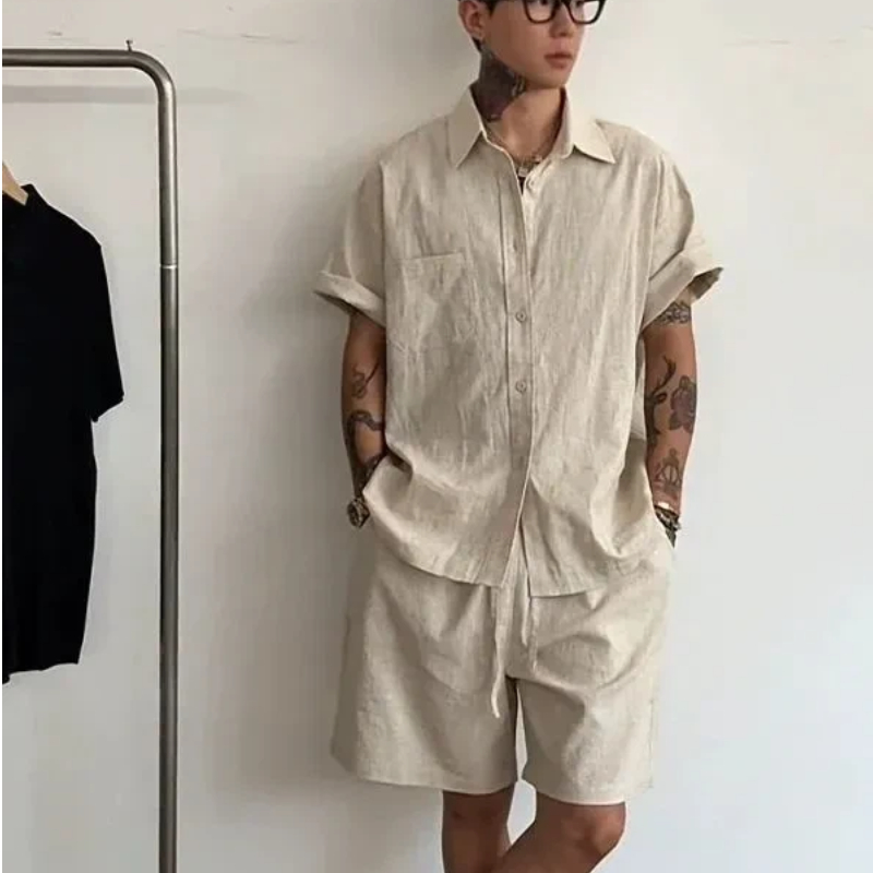 Linen Shirt Breathable - ชุดเซ็ตผ้าลินินคอตตอน 2 ชิ้นสำหรับผู้ชาย เสื้อแขนสั้นทรงหลวมและกางเกงขาสั้น ชุดลำลองสไตล์ Old