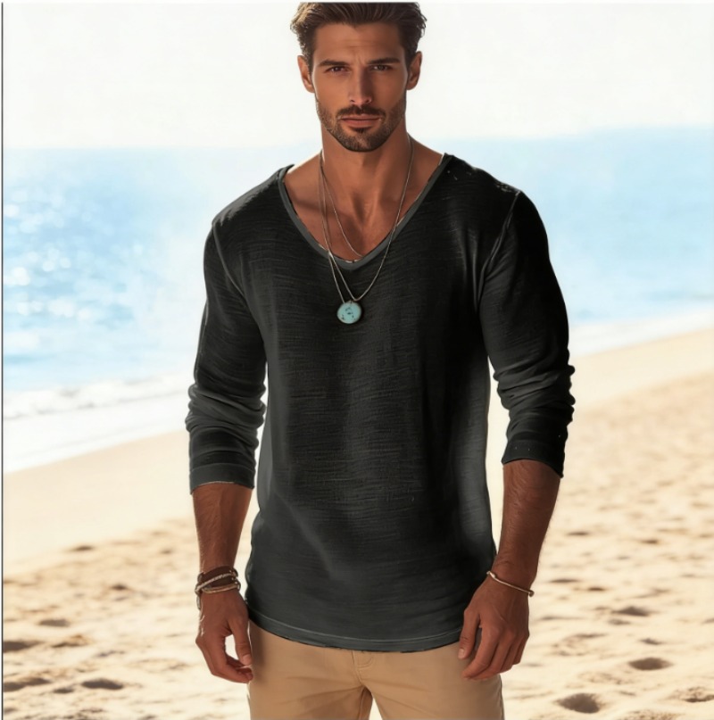 Linen Shirt Breathable - เสื้อยืดแขนยาวคอวีผ้าลินินผสมสไตล์ลำลองสำหรับผู้ชาย ระบายอากาศได้ดี น้ำหนักเบา เหมาะสำหรับใส่ไปชายหาดในฤดูใบไม้ผลิและฤดูใบไม้ร่วง เสื้อสวมหัวแบบสเวตเตอร์ 88