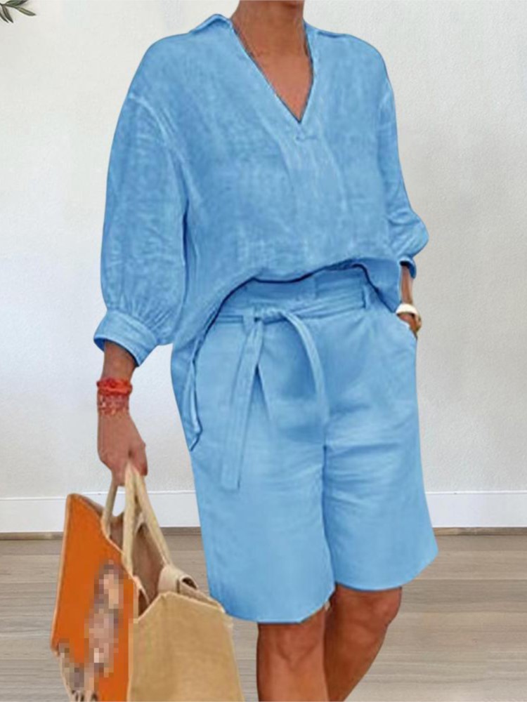 Linen Shirt Breathable - ผู้หญิงชุดสไตล์หรูหรา 2 ชิ้นชุดครึ่งแขน V คอเสื้อลําลองหลวม +