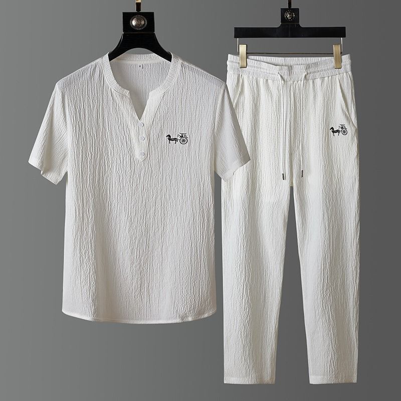 Short Linen Drawstring - ชุดเสื้อยืดแขนสั้นผ้าลินินแฟชั่นฤดูร้อนใหม่ สไตล์ลำลองสำหรับผู้ชาย ทรงหลวม ใส่เล่นกีฬาได้ ไซส์ใหญ่ คุณภาพสูง