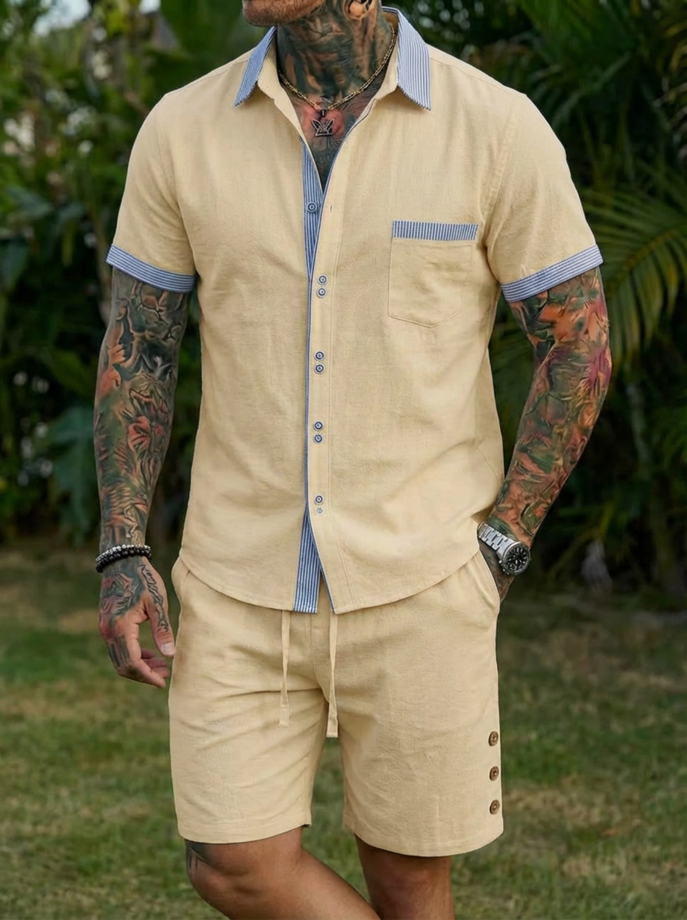 ชุดเสื้อเชิ้ตสไตล์คิวบาแฟชั่นผ - Short Linen Drawstring บทวิจารณ์และราคา