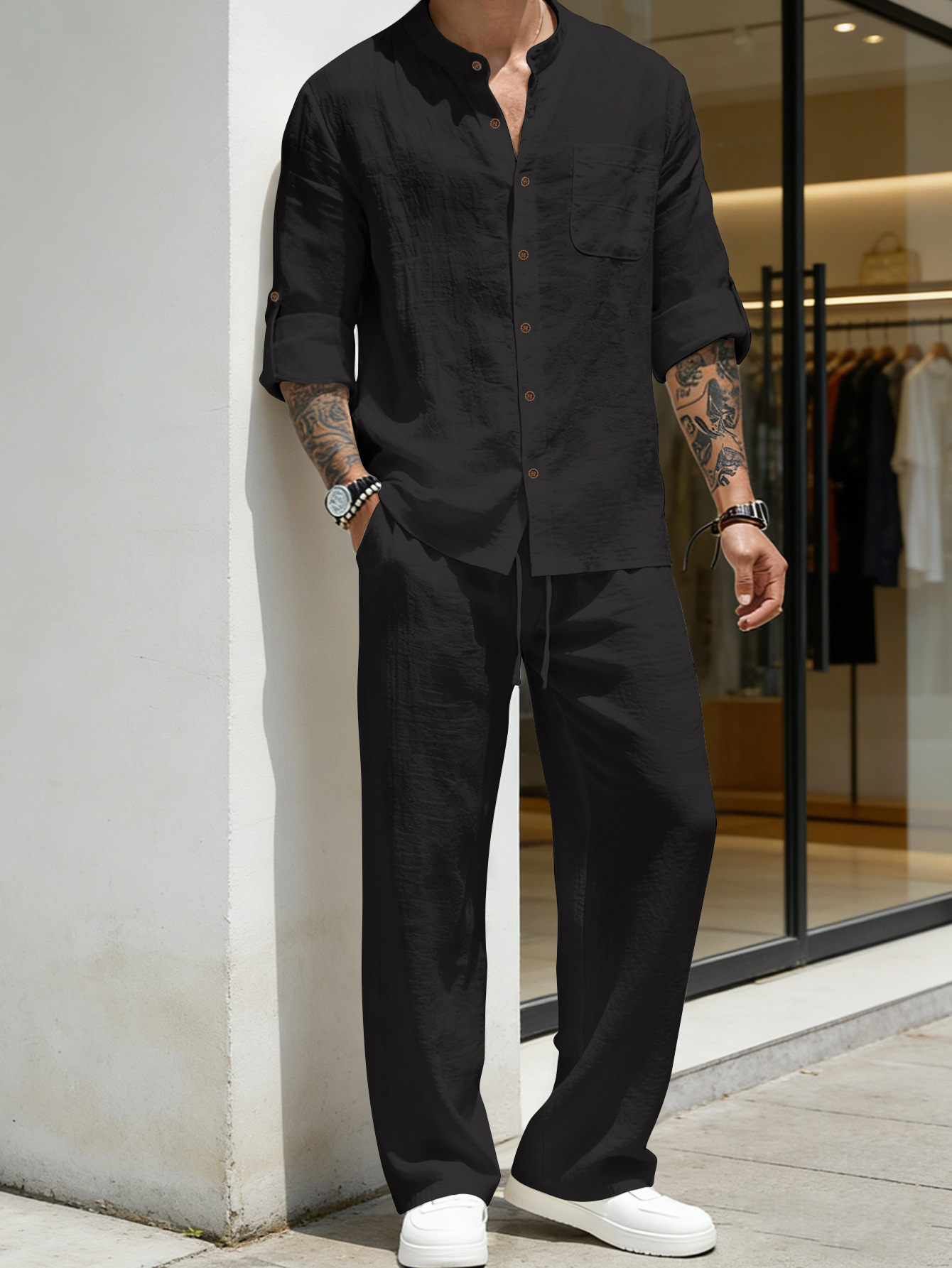 ชุดสูทผ้าลินินหลวมๆ เสื้อแขนยา - Linen Shirt Breathable บทวิจารณ์และราคา